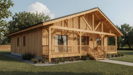 Obraz premium A light-colored wooden cabin with a covered porch, situated on a grassy lawn.