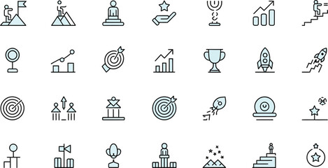 Collection of outline icons depicting success, achievement and goal orientation