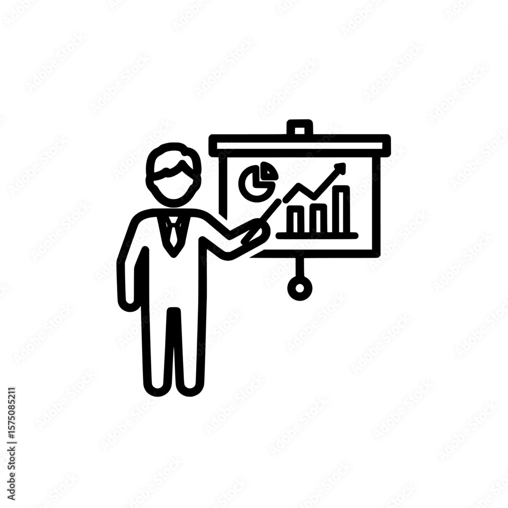 Poster businessman presenting growth chart with graphs and data analysis