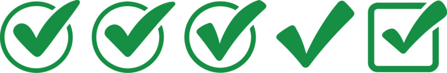 A collection of five green check mark icons in different styles on white background