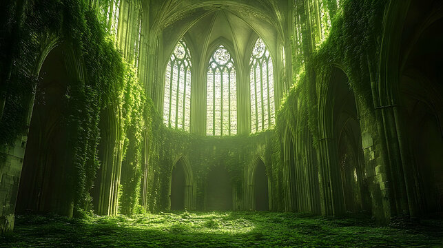 Overgrown gothic interior bathed in sunlight. Nature reclaims decaying cathedral, vines covering walls and floor - Powered by Adobe