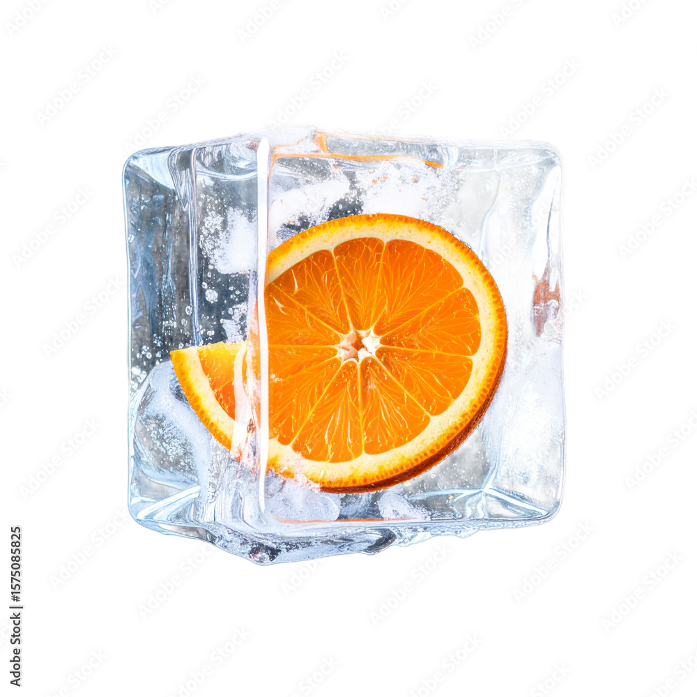 Poster orange slice encased in a transparent ice cube against black background isolated transparent backgro