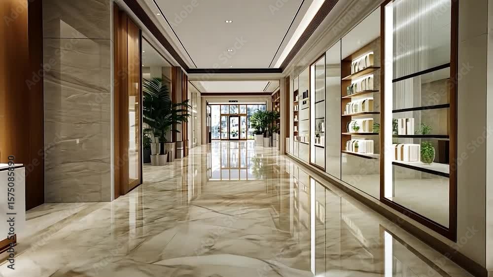 Poster elegant interior design hallway featuring marble flooring illuminated by soft natural light a displa
