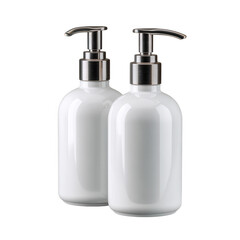 Two white soap dispenser bottles with silver pumps isolated on transparent background, showcasing a clean and modern design