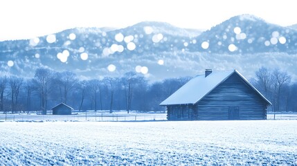 Snowy Winter Landscape with Wooden Cabin and Mountains