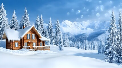 Stunning Winter Cabin in Snowy Mountains Landscape