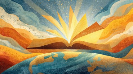 Open Book Spreading Light Over Earth Global Knowledge