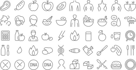 A collection of outline icons representing food health and science related items