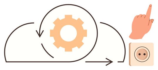 Gear within cloud design and arrow emphasizing automation process, hand pointing to power button. Ideal for technology, energy, cloud computing, innovation, workflow, startup, simple flat metaphor