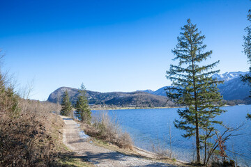 A gravel path skirts the pristine blue waters of Lake Bohinj (Bohinjsko Jezero) in Slovenia Triglav...