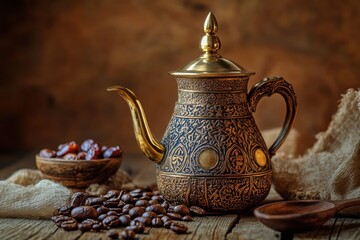 Ornate coffee pot with coffee beans and dates on a wooden table in a warm inviting setting