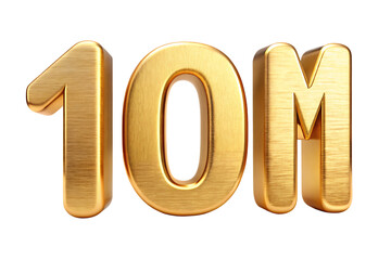 3 D golden brushed metal number 10 and letter M with subtle highlights isolated on a transparent background
