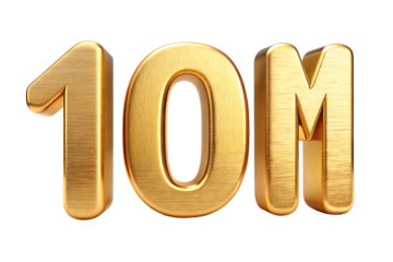 3 D golden brushed metal number 10 and letter M with subtle highlights isolated on a transparent background