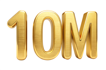 3 D golden textured number 10 and letter M isolated on a transparent background ten million