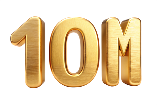 3 D golden brushed metal number 10 and letter M with subtle highlights isolated on a transparent background