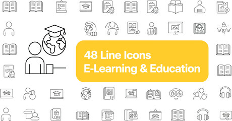A collection of e learning and education line icons displayed on a white background