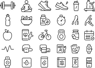 Collection of clean line art icons representing various aspects of a healthy lifestyle and fitness routine including exercise equipment and nutrition elements