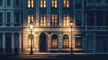 Vintage City Building Facade Illuminated at Night