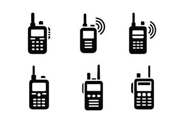 Collection of six distinct black silhouette icons representing portable two way radios or walkie talkies on white background