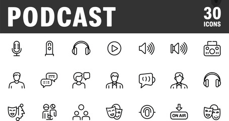 A collection of thirty podcast icons featuring microphones and audio equipment set