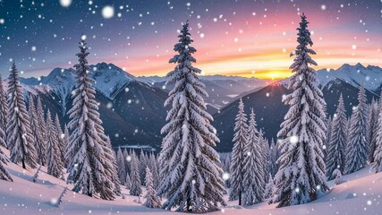 Snow falling on winter forest with snow covered pine tree, mountain landscape, and sunset sky footage.