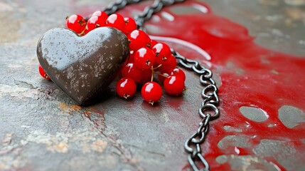 Dark Stone Heart with Red Berries and Chain on Bloody Surface