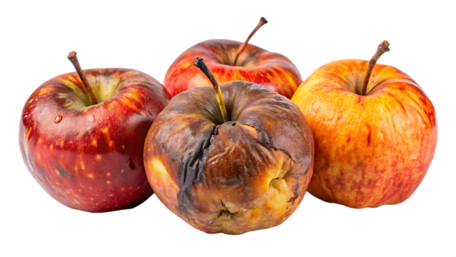 Four apples one rotten with brown decay and three fresh red and yellow with water droplets isolated on a transparent background