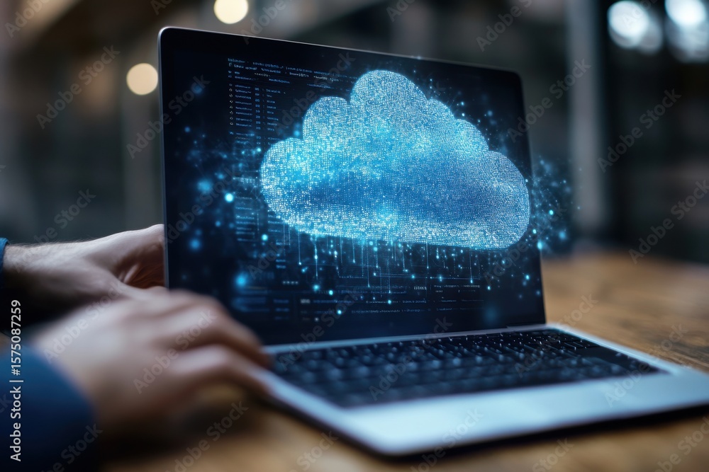 Aufkleber laptop displaying a digital cloud with code and connections on the screen with hands nearby