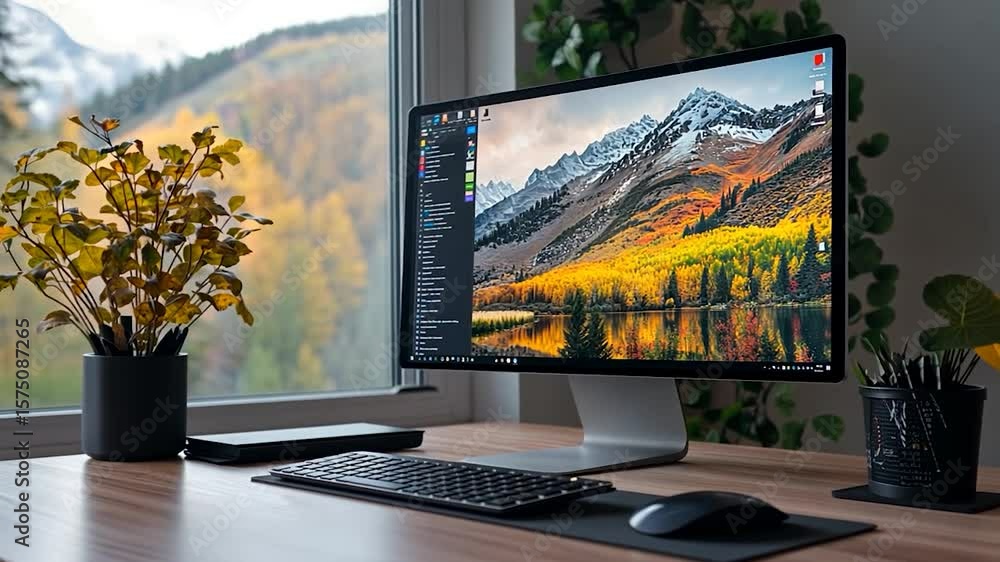 Aufkleber workspace featuring a computer monitor displaying a mountain landscape with autumn colors on a woode