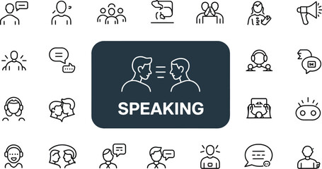 A collection of line art icons representing communication and interpersonal skills
