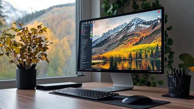 Workspace featuring a computer monitor displaying a mountain landscape with autumn colors on a wooden desk alongside plants and office supplies near a window with blurred background