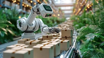 Automated robotic arm sorting cardboard boxes on a conveyor belt inside a futuristic warehouse. Lush green plants contrast with the mechanical elements creating a scene of automation and sustainable - Powered by Adobe