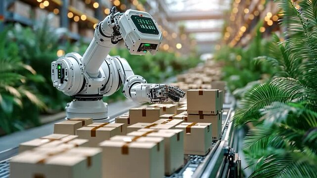 Automated robotic arm sorting cardboard boxes on a conveyor belt inside a futuristic warehouse. Lush green plants contrast with the mechanical elements creating a scene of automation and sustainable