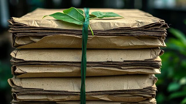 Stack of brown paper with green string and leaf in natural light against blurred green foliage