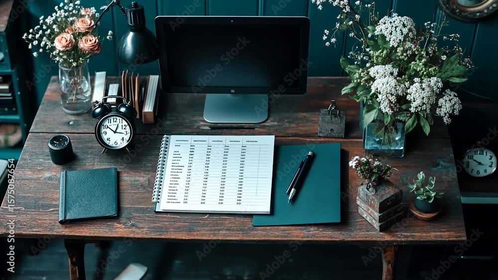 Poster overhead shot of a vintage wooden desk in a dark room filled with objects like a computer monitor fl