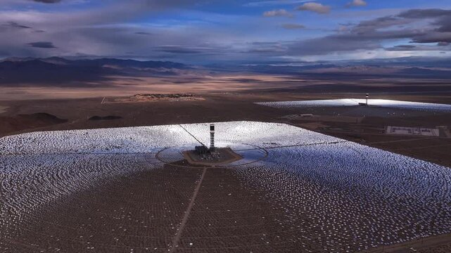 Aerial view of solar mirrors in the Mojave Desert, United States.