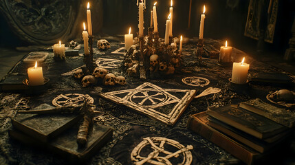 Dark table setting with candles and skulls
