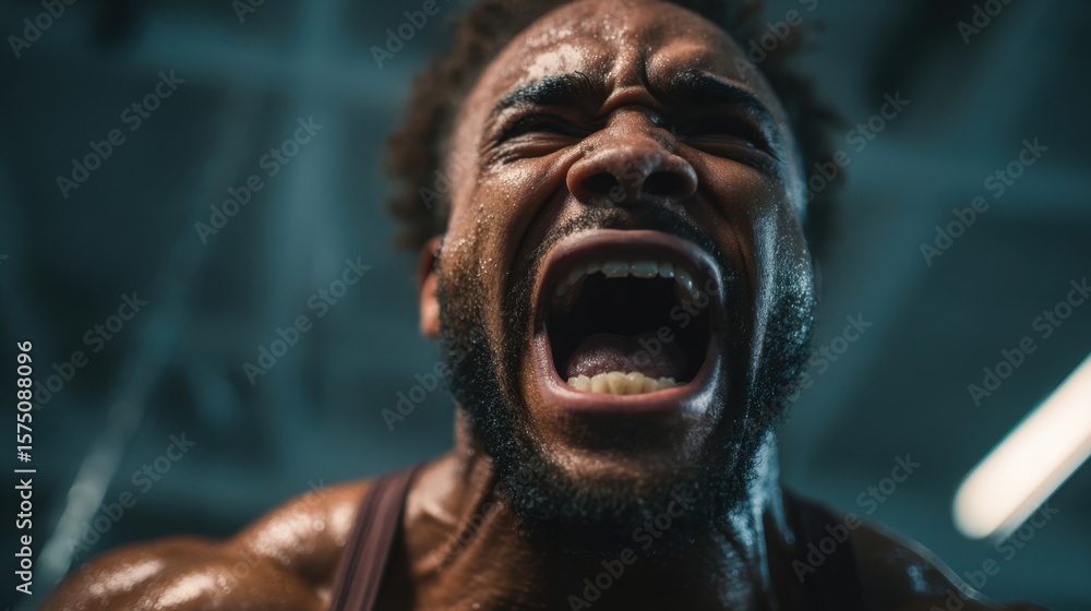 Poster dynamic shot of a man unleashing his inner strength face contorted in a fierce scream reflecting the