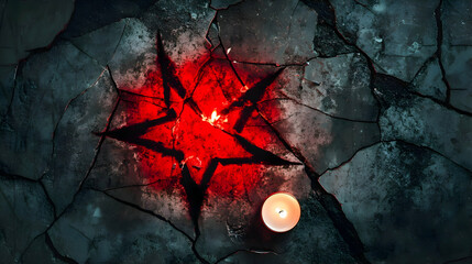 Pentagram symbol on cracked surface with candle
