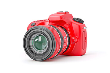 A vibrant red DSLR camera stands ready, showcasing modern photography technology and lens detail on a clean white backdrop. Ai Generated Images