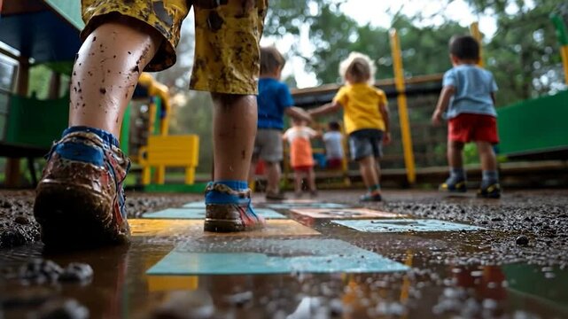 Close-up view of a child's muddy legs and feet walking through a puddle with colorful playground tiles. Other children play in the background on a bright day. Focus on the joyful environment