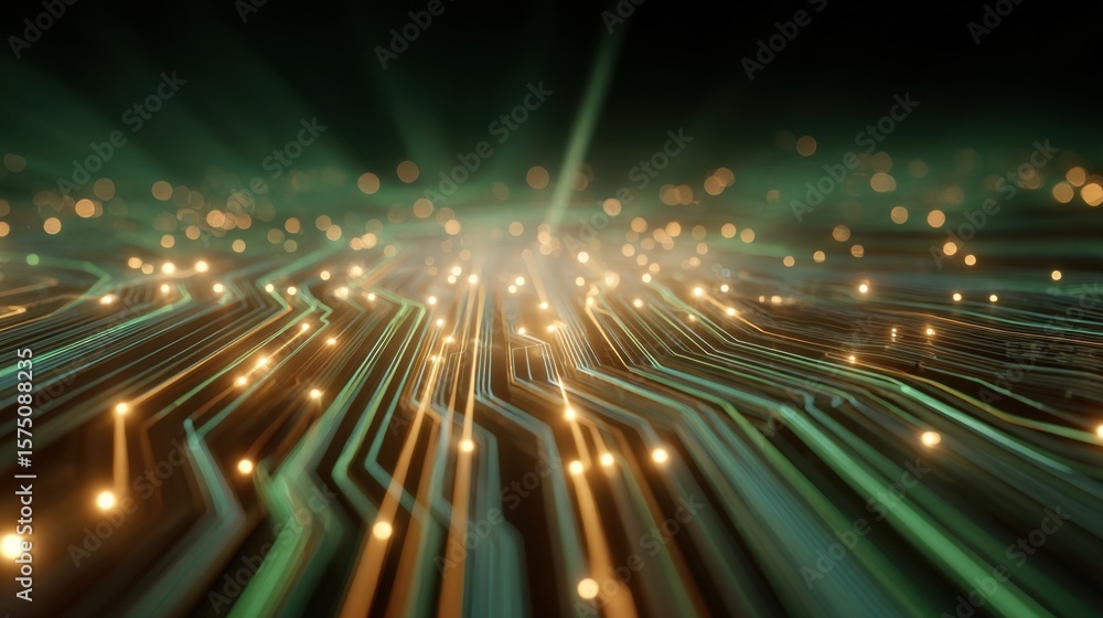 Poster conceptual image of a vibrant circuit board radiating light from powerful processors and glowing lin