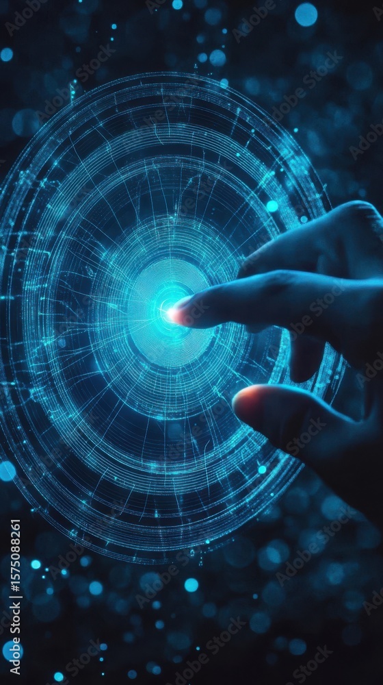 Poster finger touching a glowing blue circular interface with abstract digital network design element