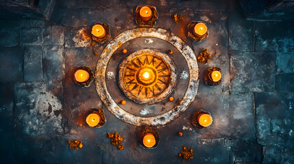 Circular candle arrangement on textured surface