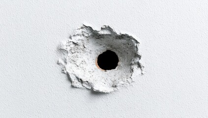 Bullet hole in white wall, close-up, empty room.  Possible use Background