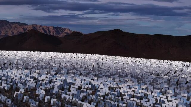 Aerial view of solar mirrors in Mojave Desert, United States.