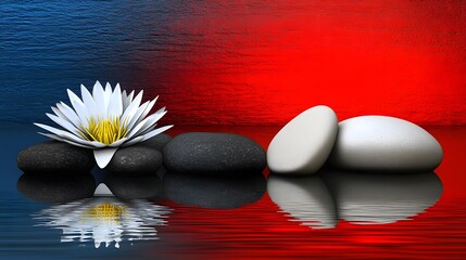 Serene Water Lily and Smooth Stones Reflection on Red and Blue Background