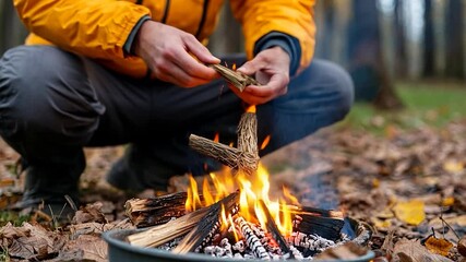 Person near bonfire preparing food in the forest. Yellow jacket. Focus on the fire with blurred background of trees and dried leaves