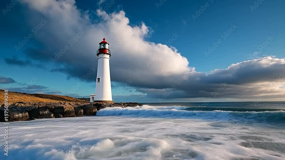 Poster generic lighthouse on rocky shore with crashing waves under a partly cloudy sky. the scene captures 