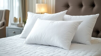 Obraz premium Three white pillows arranged on a bed with a headboard and bedside table in the background scene
